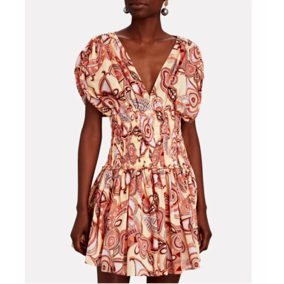NWOT ALC Luna Printed Smocked Mini Dress Deep V-Neck Womens Multicolor Size 2 - Picture 1 of 7